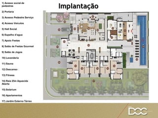 1) Acesso social de
pedestres
2) Portaria
3) Acesso Pedestre Serviço
4) Acesso Veículos
5) Hall Social
6) Espelho d’agua
7) Apoio Festas
8) Salão de Festas Gourmet
9) Salão de Jogos
10) Lavanderia
11) Sauna
12) Descanso
13) Fitness
14) Raia 25m Aquecida
Aberta
15) Solarium
16) Apartamentos
17) Jardim Externo Térreo
Implantação
 
