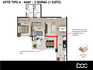 APTO TIPO A – 66M² - 2 DORMS (1 SUÍTE)
Cozinha com acesso ao
terraço proporcionando
integração entre os
ambientes
Gradil de alumínio com
vidro
 