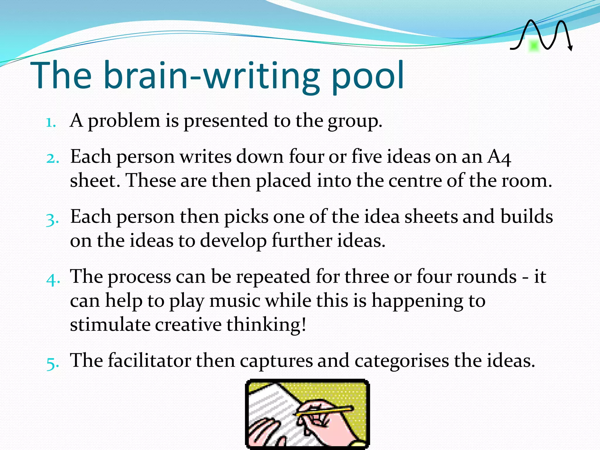 The brain-writing pool
1. A problem is presented to the group.
2. Each person writes down four or five ideas on an A4
  sheet. These are then placed into the centre of the room.
3. Each person then picks one of the idea sheets and builds
  on the ideas to develop further ideas.
4. The process can be repeated for three or four rounds - it
  can help to play music while this is happening to
  stimulate creative thinking!
5. The facilitator then captures and categorises the ideas.
 