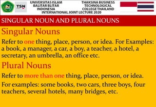SINGULAR NOUN AND PLURAL NOUNS
Singular Nouns
Refer to one thing, place, person, or idea. For Examples:
a book, a manager, a car, a boy, a teacher, a hotel, a
secretary, an umbrella, an office etc.
Plural Nouns
Refer to more than one thing, place, person, or idea.
For examples: some books, two cars, three boys, four
teachers, several hotels, many bridges, etc.
 