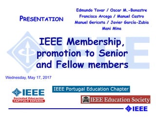 IEEE Membership,
promotion to Senior
and Fellow members
Edmundo Tovar / Oscar M.-Bonastre
Francisco Arcega / Manuel Castro
Manuel Gericota / Javier García-Zubia
Mani Mina
PRESENTATION
Wednesday, May 17, 2017
 