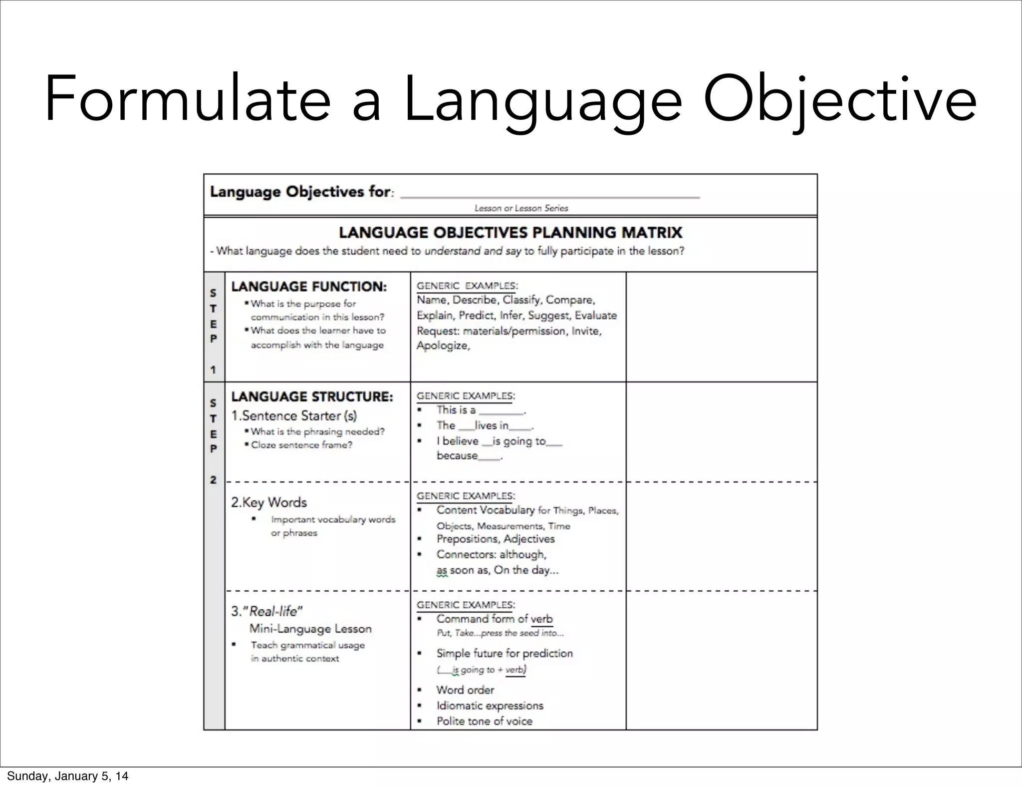 Formulate a Language Objective

Sunday, January 5, 14

 