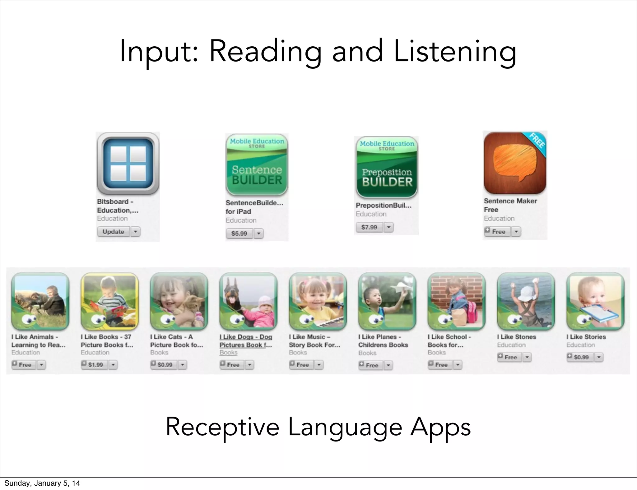 Input: Reading and Listening

Receptive Language Apps
Sunday, January 5, 14

 