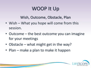 WOOP It Up
Wish, Outcome, Obstacle, Plan
• Wish – What you hope will come from this
session.
• Outcome – the best outcome you can imagine
for your meetings
• Obstacle – what might get in the way?
• Plan – make a plan to make it happen
 