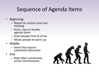 Sequence of Agenda Items 
• Beginning 
– Report on actions since last 
meeting 
– Short, easy to handle 
agenda items 
– Gives people time to arrive 
– Allows people to warm up 
• Middle 
– Items that require 
substantial discussion 
• End 
– Note taker summarizes 
action commitments. 
 