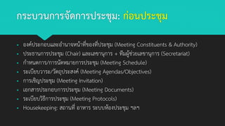 กระบวนการจัดการประชุม: ก่อนประชุม
▪ องค์ประกอบและอานาจหน้าที่ของที่ประชุม (Meeting Constituents & Authority)
▪ ประธานการประชุม (Chair) และเลขานุการ + ทีมผู้ช่วยเลขานุการ (Secretariat)
▪ กาหนดการ/การนัดหมายการประชุม (Meeting Schedule)
▪ ระเบียบวาระ/วัตถุประสงค์ (Meeting Agendas/Objectives)
▪ การเชิญประชุม (Meeting Invitation)
▪ เอกสารประกอบการประชุม (Meeting Documents)
▪ ระเบียบวิธีการประชุม (Meeting Protocols)
▪ Housekeeping: สถานที่ อาหาร ระบบห้องประชุม ฯลฯ
 