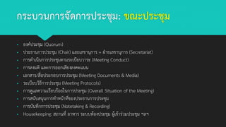 กระบวนการจัดการประชุม: ขณะประชุม
▪ องค์ประชุม (Quorum)
▪ ประธานการประชุม (Chair) และเลขานุการ + ฝ่ายเลขานุการ (Secretariat)
▪ การดาเนินการประชุมตามระเบียบวาระ (Meeting Conduct)
▪ การลงมติ และการออกเสียงลงคะแนน
▪ เอกสาร/สื่อประกอบการประชุม (Meeting Documents & Media)
▪ ระเบียบวิธีการประชุม (Meeting Protocols)
▪ การดูแลความเรียบร้อยในการประชุม (Overall Situation of the Meeting)
▪ การสนับสนุนการทาหน้าที่ของประธานการประชุม
▪ การบันทึกการประชุม (Notetaking & Recording)
▪ Housekeeping: สถานที่ อาหาร ระบบห้องประชุม ผู้เข้าร่วมประชุม ฯลฯ
 