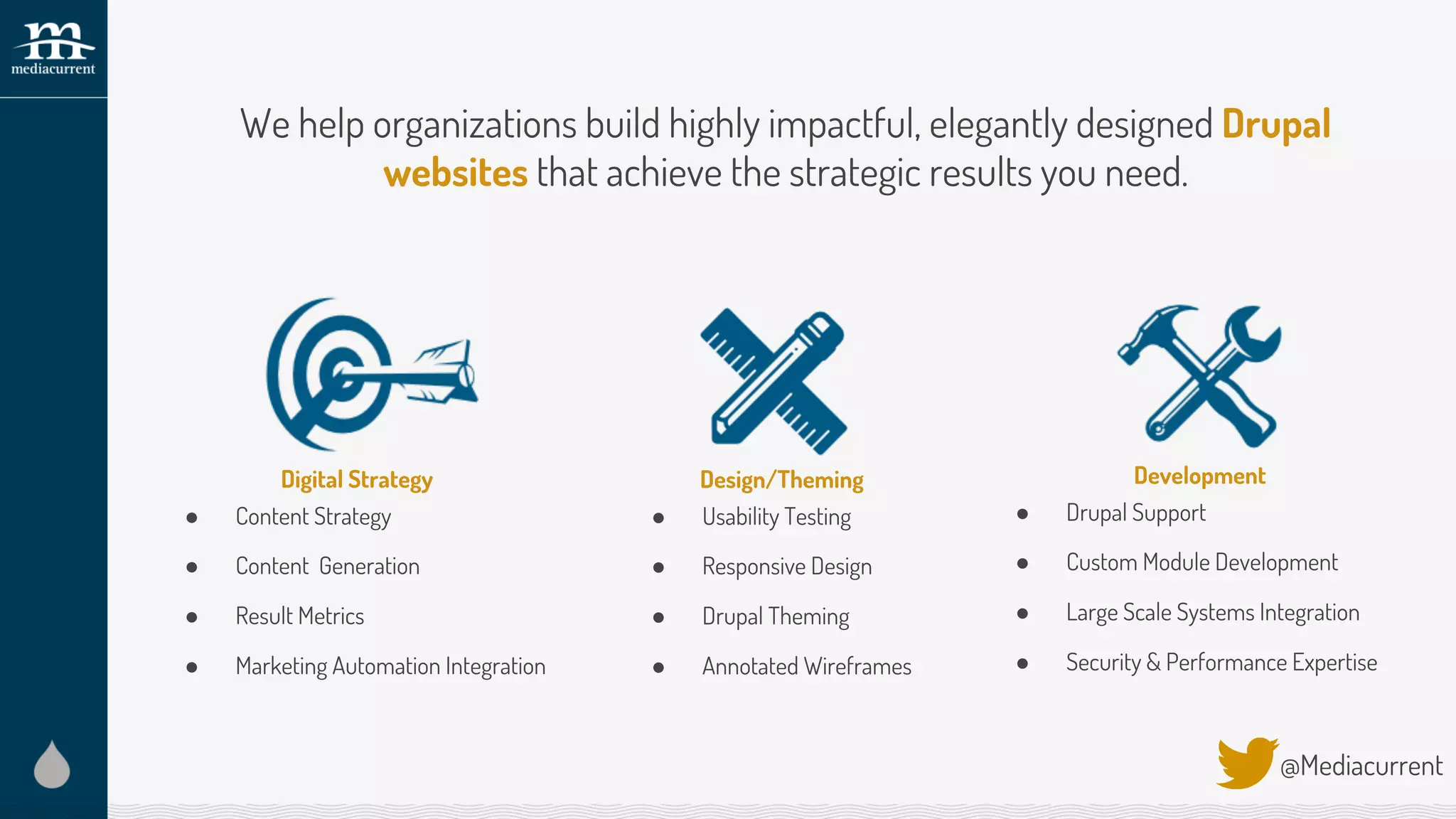 Design/Theming
● Usability Testing
● Responsive Design
● Drupal Theming
● Annotated Wireframes
@Mediacurrent
Development
● Drupal Support
● Custom Module Development
● Large Scale Systems Integration
● Security & Performance Expertise
We help organizations build highly impactful, elegantly designed Drupal
websites that achieve the strategic results you need.
Digital Strategy
● Content Strategy
● Content Generation
● Result Metrics
● Marketing Automation Integration
 