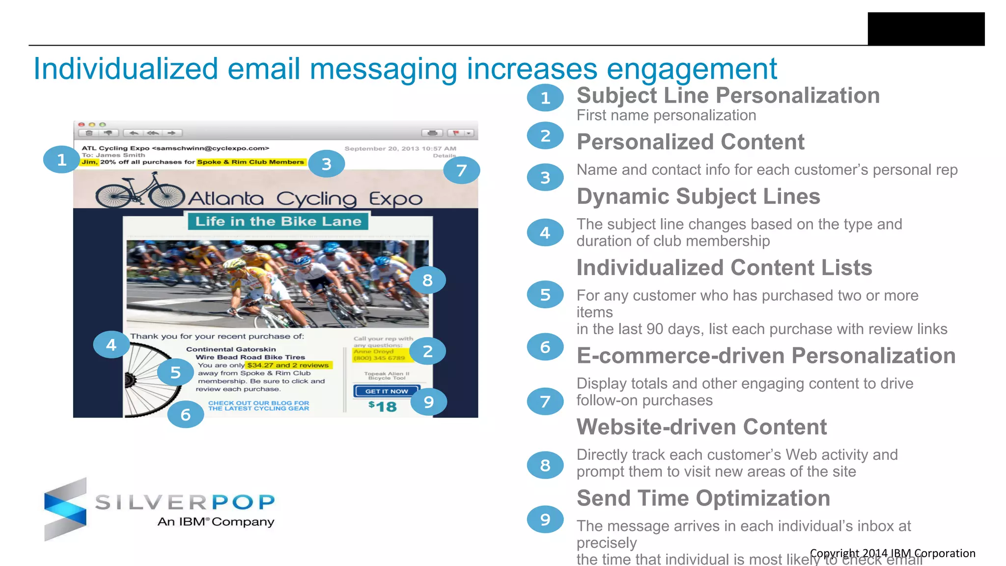Copyright 2014 IBM Corporation
Individualized email messaging increases engagement
Subject Line Personalization
First name personalization
Personalized Content
Name and contact info for each customer’s personal rep
Dynamic Subject Lines
The subject line changes based on the type and
duration of club membership
Individualized Content Lists
For any customer who has purchased two or more
items
in the last 90 days, list each purchase with review links
E-commerce-driven Personalization
Display totals and other engaging content to drive
follow-on purchases
Website-driven Content
Directly track each customer’s Web activity and
prompt them to visit new areas of the site
Send Time Optimization
The message arrives in each individual’s inbox at
precisely
the time that individual is most likely to check email
1 3
4
5
6
2
9
8
7
1
2
3
4
5
6
7
8
9
 