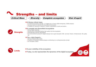 Strengths – and limits
A Dense critical mass
I A confirmed economic strength: 2nd digital hub in France (4000 entreprises, 34000 emplois)
I Success stories of national and international dimensions ;
I A tradition for working in networks: Clusters, associationa, events and salons…
A complet and diversified écosystème
I Strong digital expertise
I Schools and universities feeding high quality into the ecosysteme.
I Internationally reknown laboratoires
I An environnement propice for digital startups due to good education offer, services, finance, infrastructures, life quality
etc.
The « état d’esprit »
I Strong entrepreurship values
I Presence of important industrial players contributing to en entrepreneurship climate
I An innovation culture
Strenghts
A poor visibility of the ecosystem
Today, no site representets the dynamics of the digital ecosystem
Limits
Critical Mass - Diversity - Complete ecosystèm - Etat d’esprit
 