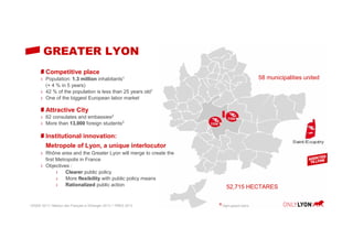 GREATER LYON
Competitive place
ı Population: 1.3 million inhabitants1
(+ 4 % in 5 years)
ı 42 % of the population is less than 25 years old1
ı One of the biggest European labor market
Attractive City
ı 62 consulates and embassies2
ı More than 13,000 foreign students3
Institutional innovation:
Metropole of Lyon, a unique interlocutor
ı Rhône area and the Greater Lyon will merge to create the
first Metropolis in France
ı Objectives :
ı Clearer public policy
ı More flexibility with public policy means
ı Rationalized public action
1 INSEE 2011/ 2Maison des Français à l’Etranger 2013 / 3 PRES 2013
58 municipalities united
52,715 HECTARES
High-speed trains
 
