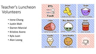 Teacher's Luncheon
Volunteers
• Irene Chang
• Justin Mah
• Darren Marcial
• Kristine Avero
• Kyla Juan
• Alan Leong
 