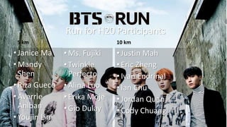 Run for H20 Participants
5 km
•Janice Ma
•Mandy
Shen
•Riza Gueco
•Averrie
Aniban
•Youjin Lim
10 km
•Justin Mah
•Eric Zheng
•Ivan Endrinal
•Ian Chu
•Jordan Quan
•Cody Chuang
•Ms. Fujiki
•Twinkle
Perfecto
•Alina Luo
•Erika Moje
•Gio Dulay
 