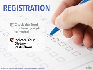 © April 2015 | Proprietary and Conﬁdential | Thrive! Meetings & Events | @tstuckrath
Check the food
functions you plan
to attend
Indicate Your
Dietary
Restrictions
Eggs
Wheat
Milk
Soy
Crustaceans
Fish
Tree Nuts
Peanuts
Mollusks
Gluten
Mustard
Sesame
Lupin
Celery
Sulﬁtes
Tomatoes
Buckwheat
Peaches
Pork
Barley
Bee Pollens
Royal Jelly
Other
_______________
REGISTRATION
© April 2015 | Proprietary and Conﬁdential | Thrive! Meetings & Events | @tstuckrath
 
