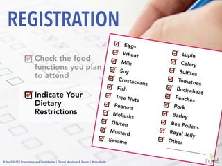 © April 2015 | Proprietary and Conﬁdential | Thrive! Meetings & Events | @tstuckrath
Check the food
functions you plan
to attend
Indicate Your
Dietary
Restrictions
REGISTRATION
Is there treatment or
accommodation you
want us to be aware of
to ensure your health
and safety at the
event?
Please complete this
emergency action plan
for yourself
© April 2015 | Proprietary and Conﬁdential | Thrive! Meetings & Events | @tstuckrath
 