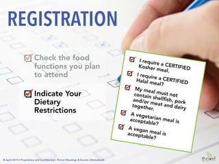 © April 2015 | Proprietary and Conﬁdential | Thrive! Meetings & Events | @tstuckrath
Check the food
functions you plan
to attend
Indicate Your
Dietary
Restrictions
Disclaimers
REGISTRATION
Dietary restrictions must be
indicated here to receive a
special meal for the food
functions. Special requests cannot
be provided at meal functions
without a ticket.
We strive to work with our food
service vendors to provide safe
and delicious meals for those with
dietary restrictions. Despite
taking every precaution, we
cannot guarantee that menu
items are free of trace amounts of
allergens or other ingredients.
© April 2015 | Proprietary and Conﬁdential | Thrive! Meetings & Events | @tstuckrath
 