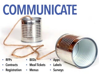 © April 2015 | Thrive! Meetings & Events | @thrivemeetings
COMMUNICATE
• RFPs
• Contracts
• Registration
• BEOs
• Meal Tickets
• Menus
• Apps
• Labels
• Surveys
 