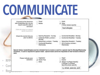 © April 2015 | Thrive! Meetings & Events | @thrivemeetings
COMMUNICATE
• RFPs
• Contracts
• Registration
• BEOs
• Meal Tickets
• Menus
• Apps
• Labels
• Surveys
 