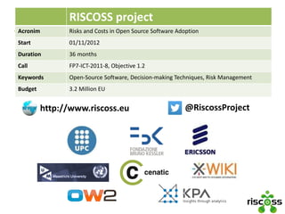 Il progetto RISCOSSRISCOSS project
Acronim Risks and Costs in Open Source Software Adoption
Start 01/11/2012
Duration 36 months
Call FP7‐ICT‐2011‐8, Objective 1.2
Keywords Open‐Source Software, Decision‐making Techniques, Risk Management
Budget 3.2 Million EU
@RiscossProjecthttp://www.riscoss.eu
 