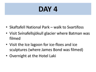 DAY 4
• Skaftafell National Park – walk to Svartifoss
• Visit Svínafellsjökull glacier where Batman was
filmed
• Visit the Ice lagoon for ice-floes and ice
sculptures (where James Bond was filmed)
• Overnight at the Hotel Laki
 
