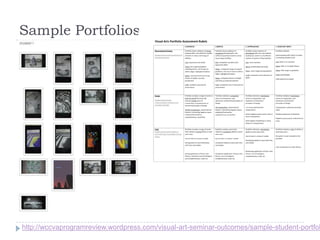 Sample Portfolios
http://wccvaprogramreview.wordpress.com/visual-art-seminar-outcomes/sample-student-portfol
 