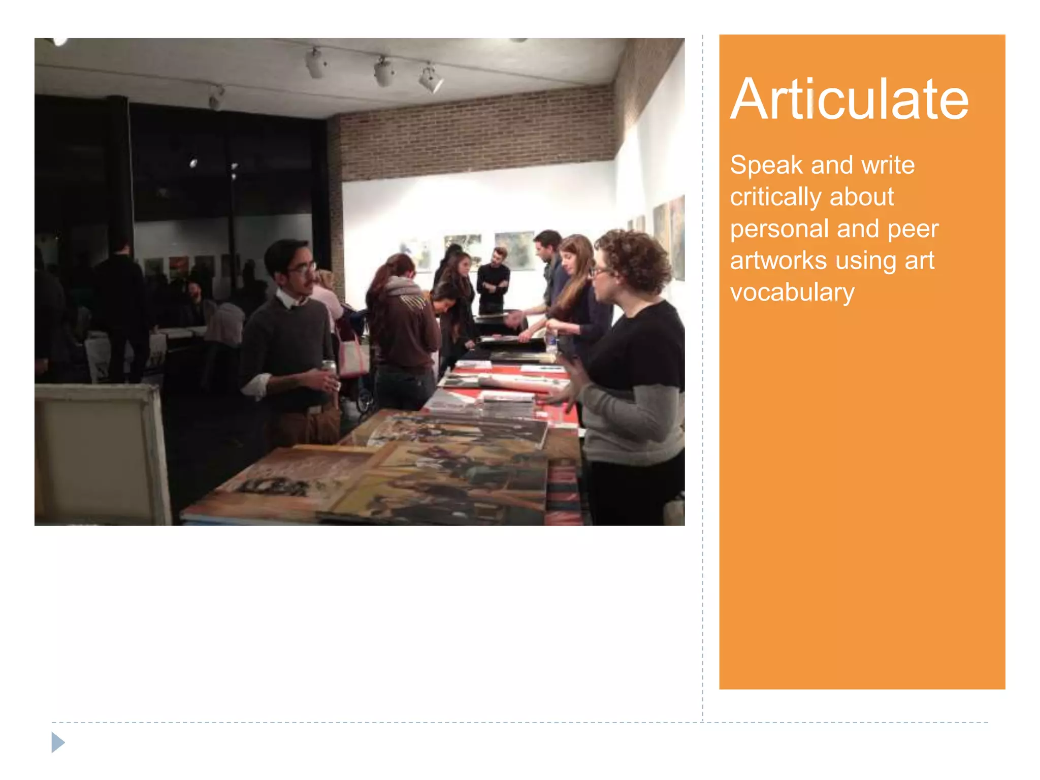 Step 1Articulate
Speak and write
critically about
personal and peer
artworks using art
vocabulary
 