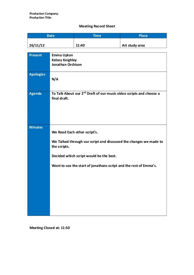 Meeting Record Sheet By Jonathan Orchison