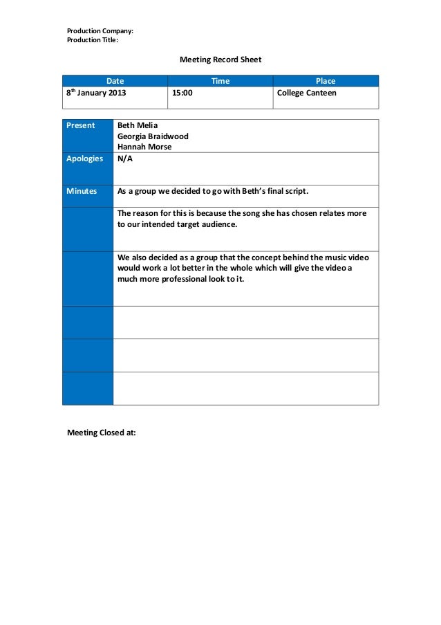Meeting Record Sheet Template