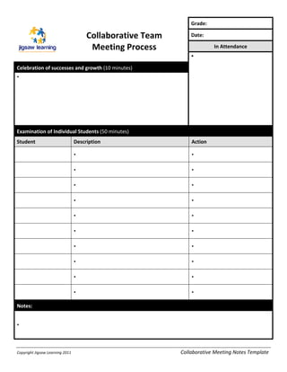  
                                                                                                                                                                      Grade:	
        	
  
                                                                      	
  




                                                         Collaborative	
  Team	
  	
                                                                                  Date:	
         	
  


                               	
                         Meeting	
  Process	
                                                                                                      In	
  Attendance	
  
                                                                                                                                                                      •    	
  

Celebration	
  of	
  successes	
  and	
  growth	
  (10	
  minutes)	
  
•      	
  




Examination	
  of	
  Individual	
  Students	
  (50	
  minutes)	
  
Student	
                                     Description	
                                                                                                            Action	
  

	
                                            •   	
                                                                                                                   •    	
  


	
                                            •   	
                                                                                                                   •    	
  


	
                                            •   	
                                                                                                                   •    	
  


	
                                            •   	
                                                                                                                   •    	
  


	
                                            •   	
                                                                                                                   •    	
  


	
                                            •   	
                                                                                                                   •    	
  


	
                                            •   	
                                                                                                                   •    	
  


	
                                            •   	
                                                                                                                   •    	
  


	
                                            •   	
                                                                                                                   •    	
  


	
                                            •   	
                                                                                                                   •    	
  

Notes:	
  


•      	
  


	
  
Copyright	
  Jigsaw	
  Learning	
  2011	
                                    	
  	
  	
  	
  	
  	
  	
  	
  	
  	
  	
  	
  	
  	
  	
  	
  	
  	
  	
  	
     	
  Collaborative	
  Meeting	
  Notes	
  Template	
  
 