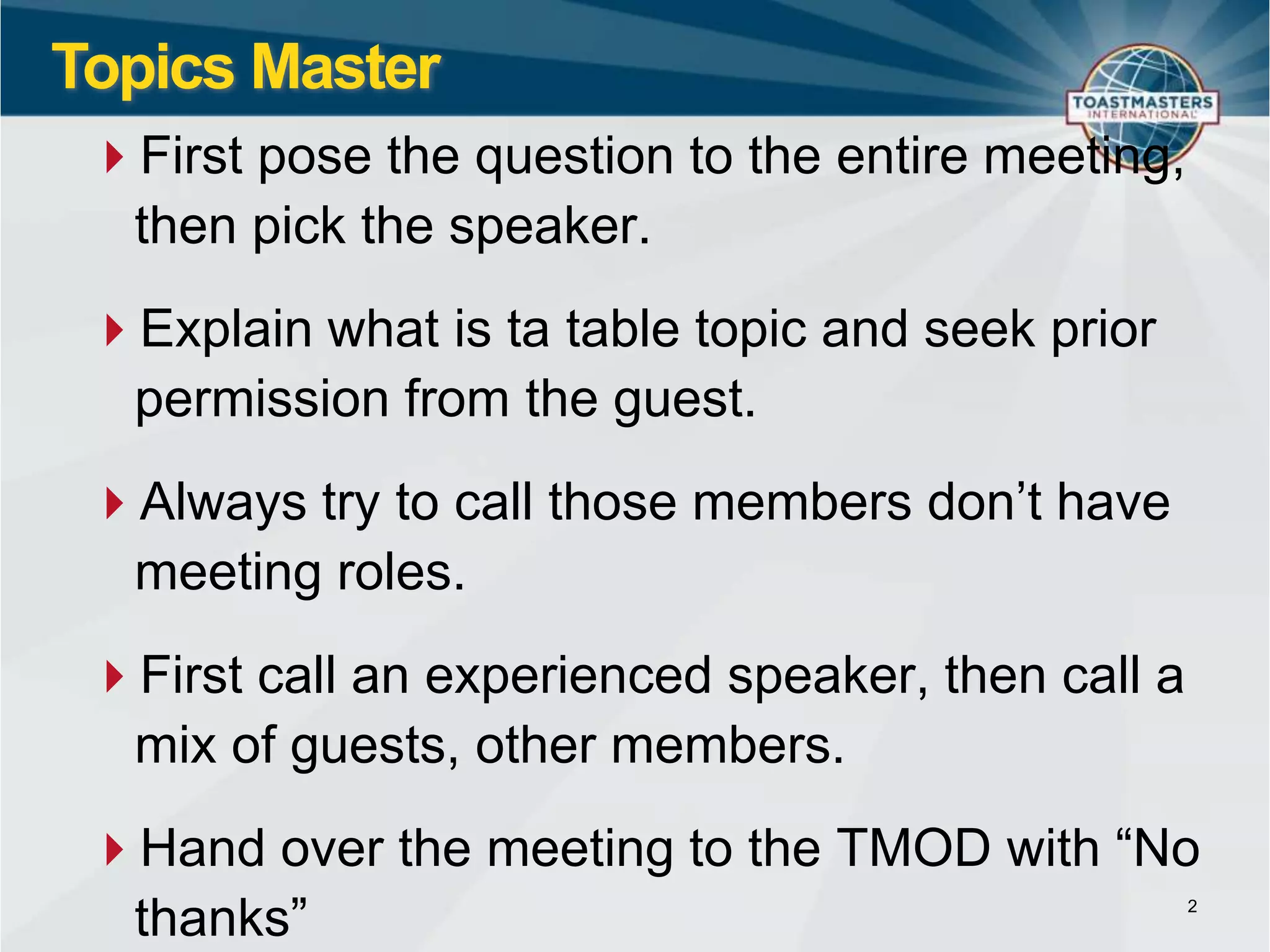 Toastmasters Club Meeting roles and resposiblities | PPTX