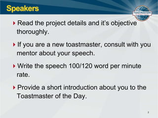 Toastmasters Club Meeting roles and resposiblities | PPTX