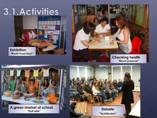 Exhibition
“World Food Day!”
                                      Checking health
                                             “Blood pressure”




A green market at school      Debate
             “Fruit sale”
                            “Nutritionism”
 