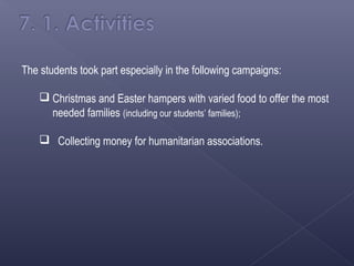 The students took part especially in the following campaigns:

     Christmas and Easter hampers with varied food to offer the most
      needed families (including our students’ families);

     Collecting money for humanitarian associations.
 