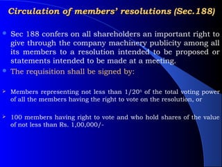 Circulation of members’ resolutions (Sec.188)

   Sec 188 confers on all shareholders an important right to
    give through the company machinery publicity among all
    its members to a resolution intended to be proposed or
    statements intended to be made at a meeting.
   The requisition shall be signed by:

   Members representing not less than 1/20th of the total voting power
    of all the members having the right to vote on the resolution, or

   100 members having right to vote and who hold shares of the value
    of not less than Rs. 1,00,000/-
 
