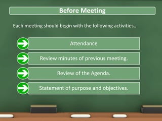 Before Meeting 
Each meeting should begin with the following activities.. 
Attendance 
Review minutes of previous meeting. 
Review of the Agenda. 
Statement of purpose and objectives. 
 
