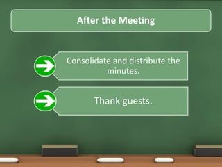 After the Meeting 
Consolidate and distribute the 
minutes. 
Thank guests. 
 