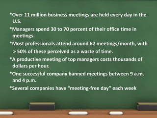 *Over 11 million business meetings are held every day in the 
U.S. 
*Managers spend 30 to 70 percent of their office time in 
meetings. 
*Most professionals attend around 62 meetings/month, with 
> 50% of these perceived as a waste of time. 
*A productive meeting of top managers costs thousands of 
dollars per hour. 
*One successful company banned meetings between 9 a.m. 
and 4 p.m. 
*Several companies have “meeting-free day” each week 
 