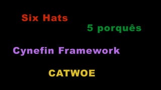 Six Hats
5 porquês
CATWOE
Cynefin Framework
 