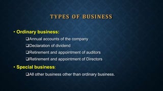 TYPES OF BUSINESS
• Ordinary business:
Annual accounts of the company
Declaration of dividend
Retirement and appointment of auditors
Retirement and appointment of Directors
• Special business:
All other business other than ordinary business.
 