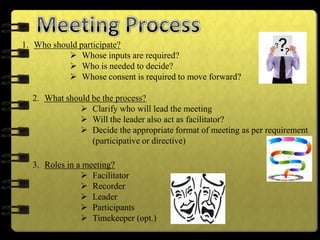 1. Who should participate?
 Whose inputs are required?
 Who is needed to decide?
 Whose consent is required to move forward?
2. What should be the process?
 Clarify who will lead the meeting
 Will the leader also act as facilitator?
 Decide the appropriate format of meeting as per requirement
(participative or directive)
3. Roles in a meeting?
 Facilitator
 Recorder
 Leader
 Participants
 Timekeeper (opt.)
 