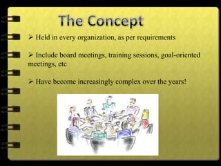  Held in every organization, as per requirements
 Include board meetings, training sessions, goal-oriented
meetings, etc
 Have become increasingly complex over the years!
 