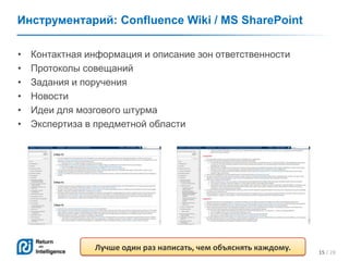 15 / 28
Инструментарий: Confluence Wiki / MS SharePoint
• Контактная информация и описание зон ответственности
• Протоколы...