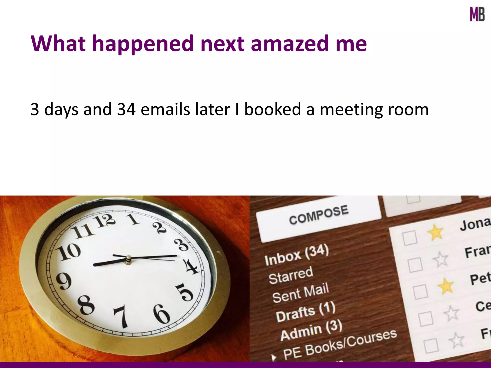 3 days and 34 emails later I booked a meeting room
What happened next amazed me