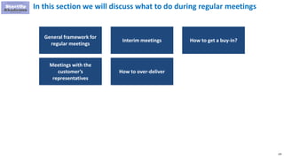 109
In this section we will discuss what to do during regular meetings
General framework for
regular meetings
Interim meetings How to get a buy-in?
Meetings with the
customer’s
representatives
How to over-deliver
 