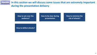 129
In this section we will discuss some issues that are extremely important
during the presentation delivery
How to win over the
audience?
How to be clear during
presentation
How to minimize the
risk of attacks?
How to deflect attacks?
 