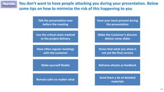 135
You don’t want to have people attacking you during your presentation. Below
some tips on how to minimize the risk of this happening to you
Talk the presentation over
before the meeting
Use the critical chain method
to the project delivery
Have often regular meetings
with the customer
Make yourself likable
Have your team present during
the presentation
Make the Customer’s director
deliver some slides
Stress that what you show is
not yet the final version
Reframe attacks as feedback
Remain calm no matter what
Send them a lot of detailed
materials
 