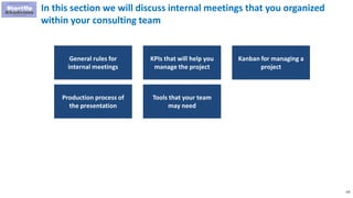 158
In this section we will discuss internal meetings that you organized
within your consulting team
General rules for
internal meetings
KPIs that will help you
manage the project
Kanban for managing a
project
Production process of
the presentation
Tools that your team
may need
 