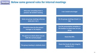 160
Below some general rules for internal meetings
Only your consulting team is
present. No bullshit meeting
Some are group meetings whereas
some are 1-to-1
Should be done by the project
manager or his deputy
The goal is to check where we are
with the current project
1-to-1 tend to be longer
Do the group meeting at least 1 a
day
Use the presentation template or
the Kanban to check how are you
doing
Check the KPIs
The group meeting is relatively short
Check the Excels & data integrity
during 1-to-1
 