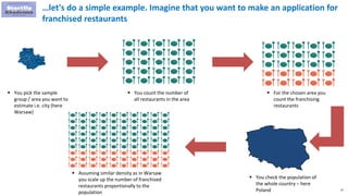 37
…let's do a simple example. Imagine that you want to make an application for
franchised restaurants
 You pick the sample
group / area you want to
estimate i.e. city (here
Warsaw)
 You count the number of
all restaurants in the area
 For the chosen area you
count the franchising
restaurants
 You check the population of
the whole country – here
Poland
 Assuming similar density as in Warsaw
you scale up the number of franchised
restaurants proportionally to the
population
 