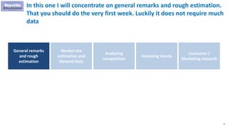 72
In this one I will concentrate on general remarks and rough estimation.
That you should do the very first week. Luckily it does not require much
data
Market size
estimation and
General Data
Analyzing
competition
General remarks
and rough
estimation
Analyzing trends
Consumer /
Marketing research
 